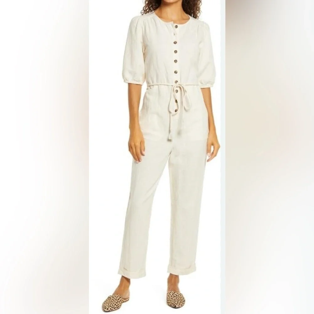 Madewell - Linen Blend Button Down Ivory Puff Short Sleeve Jumpsuit Size XL